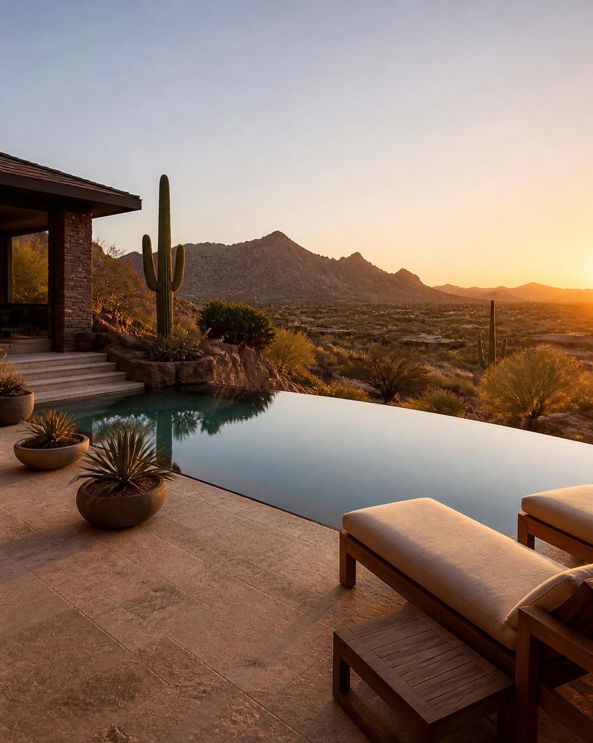 Negative edge pool with travertine deck and mountain views in Scottsdale