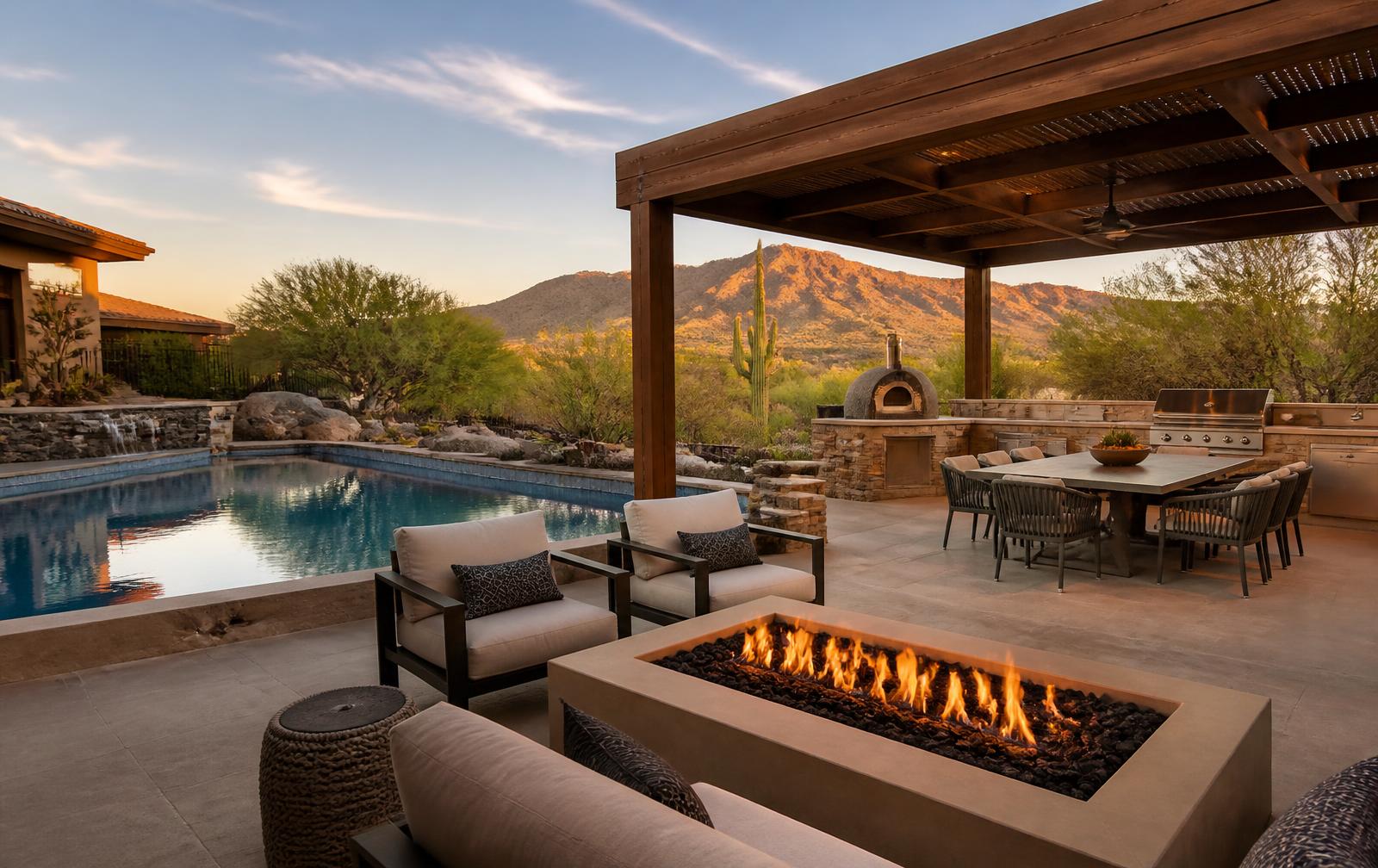 Desert outdoor living space with pool, ramada and fire feature at sunset