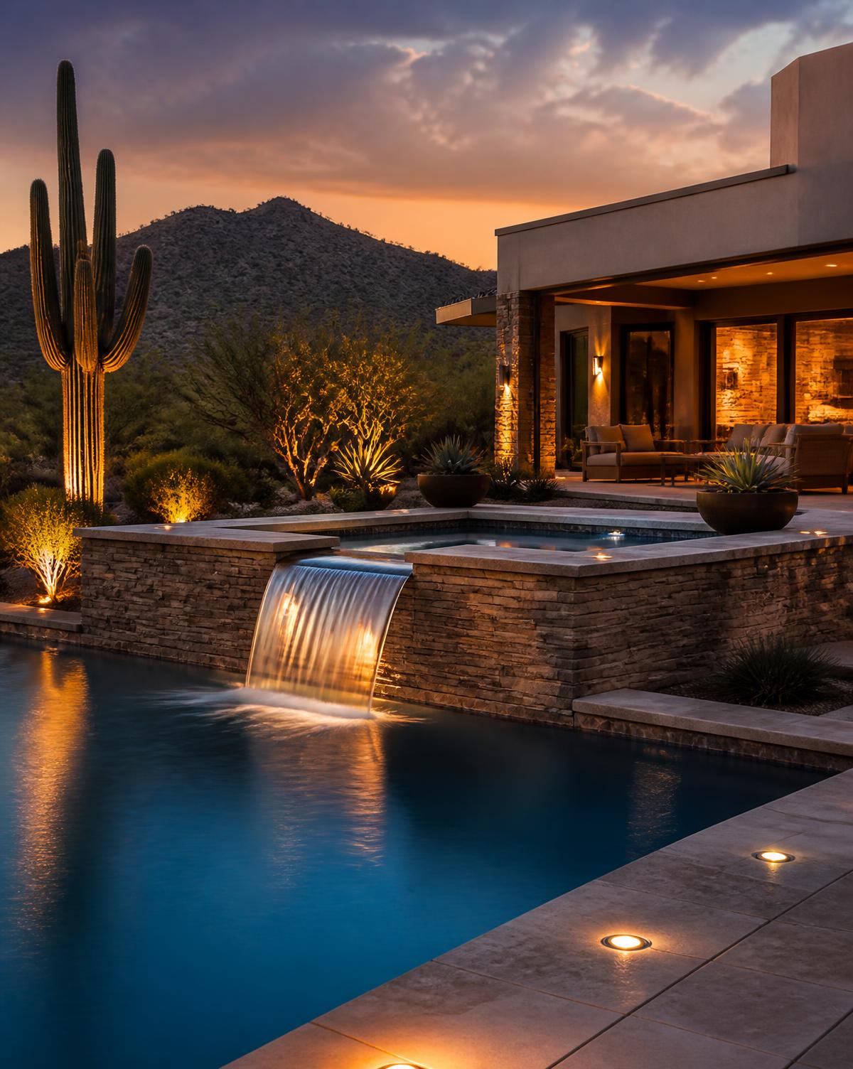 Raised spa with stone spillway cascading into a custom pool at dusk